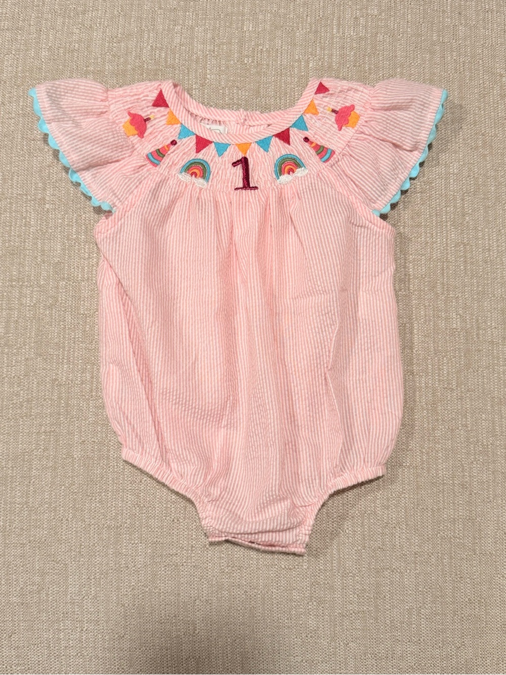 First Birthday Mud Pie Pink Striped Smocked One-Piece “1” Rainbow Embroidery